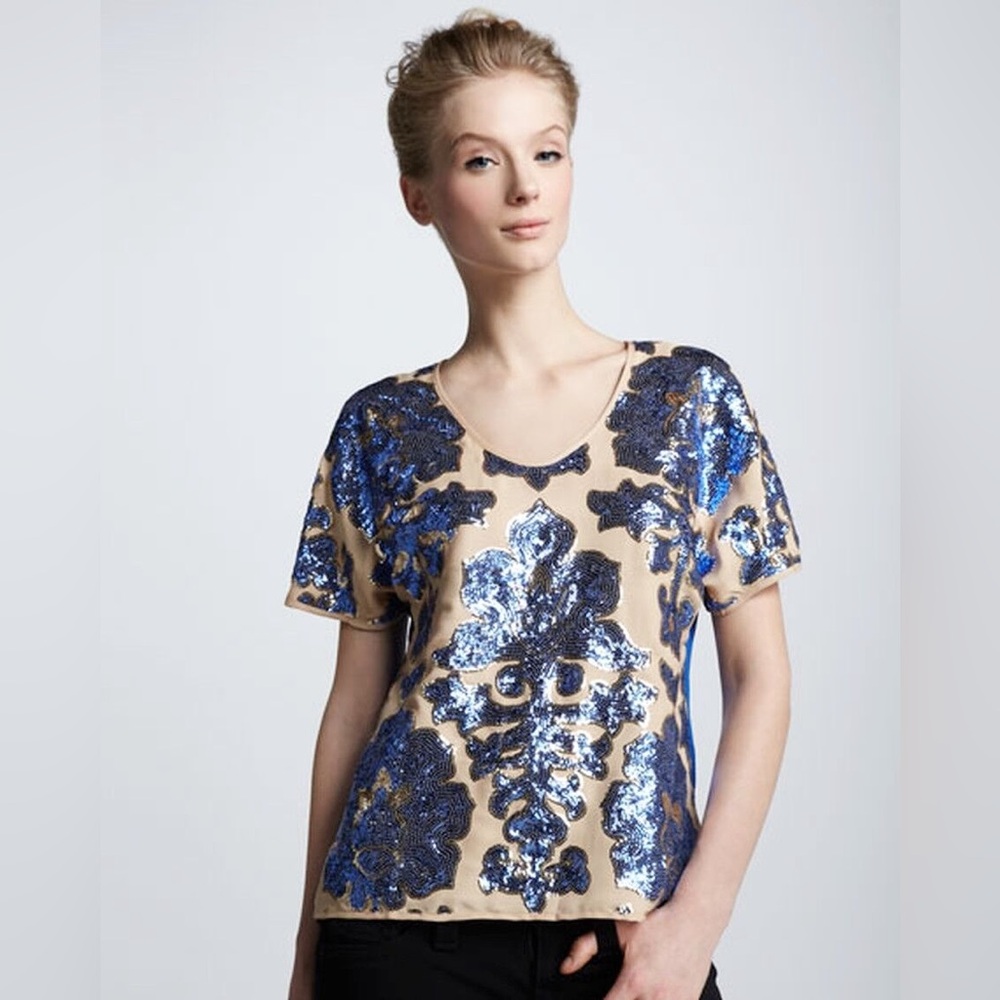Tracy Reese Blue and Tan Sequin Short Sleeve Tee